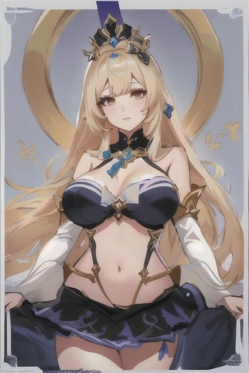 Photo of a woman wearing a crown, Shadowverse style, anime goddess, Ayaka Genshin Impact, Shadowverse, from Girls' Frontline, fine details. Girls' Frontline, From Arknights, Azur Lane Characters, Artoria Pendragon, From the Azur Lane video game, Ayaka Game Genshin Impact (((Large Breasts)))Breast sagging、Low-cut(((Cleavage )))、(((Wide hips,)))(((Hourglass figure)))((Long legs))
