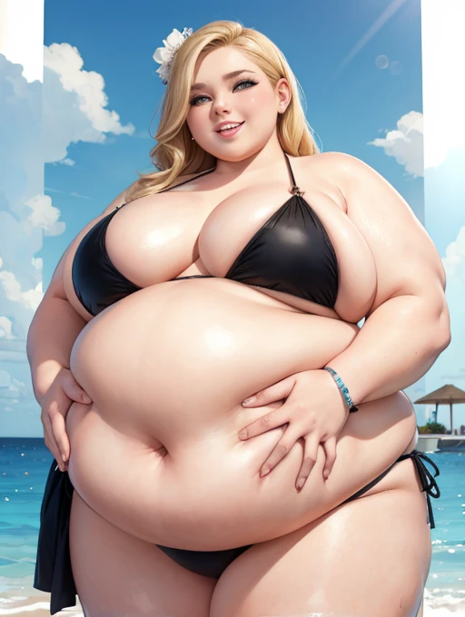 SsBbw, blonde hair, bikini, pregnant, make-up, fancy party, smiling