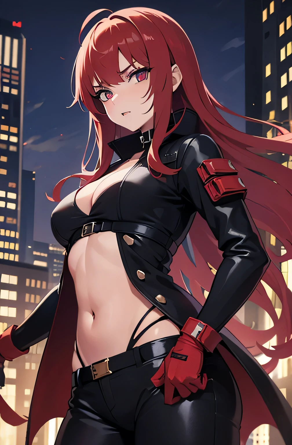 Best quality, une fille, yeux rouge, regard du diable, agressive, Threatening, demon, dent pointue, se retourne vers moi, une tenue moulante, gros seins et grosses fesses, hanche large, dans une ville cyberpunk la nuit