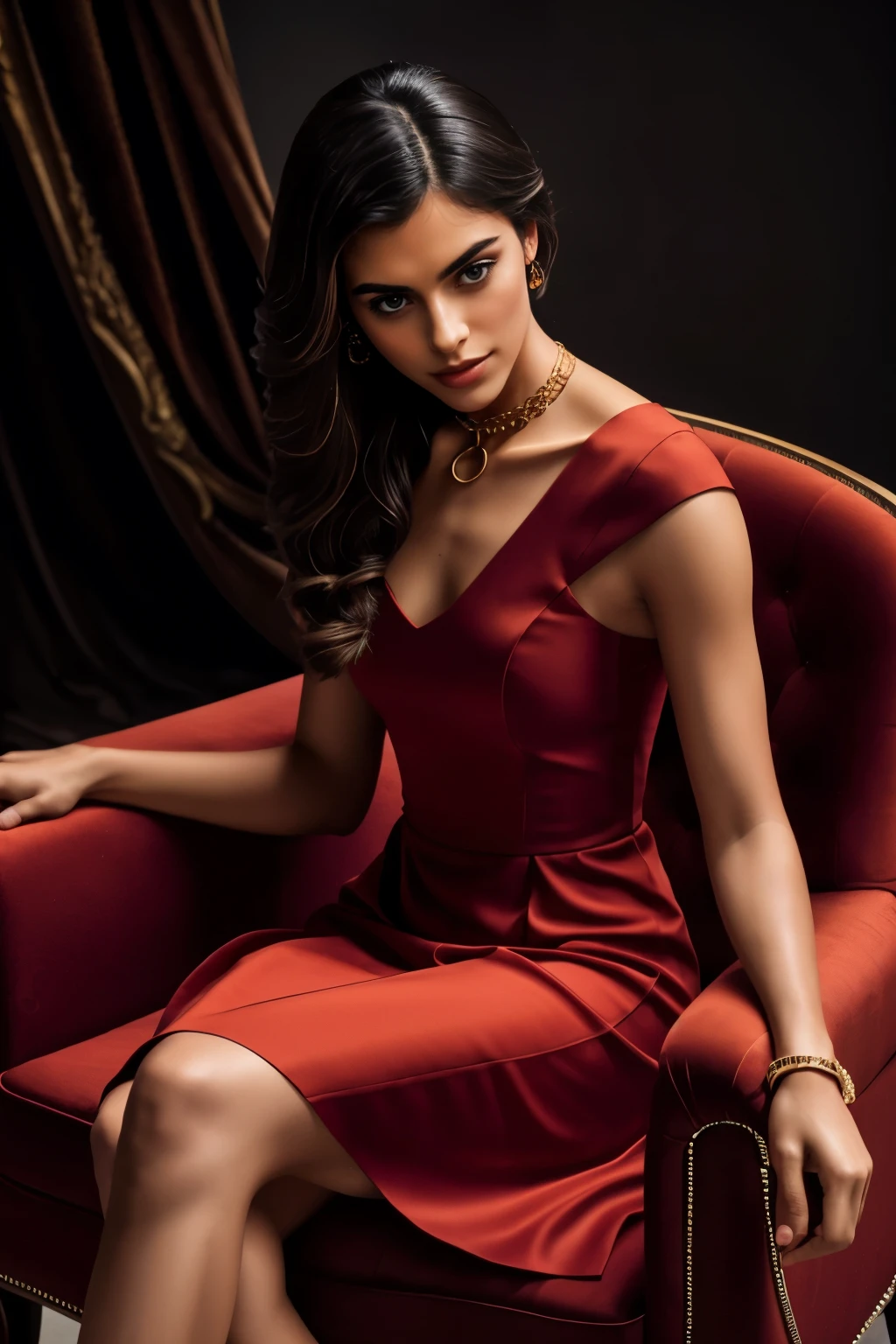 In this photograph, an Indian Instagram female model in her mid-20s sits elegantly in a luxury chair, commanding attention. The background, a 5-star hotel setting, adds to the moody ambiance of a private study. Captured by Lee Jeffries with a Nikon D850 and 4 Kodak Portra 400 film stock, the image boasts rich colors, hyper-realistic details, and lifelike textures. The model wears a stylish orange red combined dobby weave self-design fit & flare dress, featuring a sweetheart neck, short puff sleeves, and tie-up detail on the back, enhancing its allure.
The dress flows gracefully above the knee with a flounce hem, crafted from chiffon fabric with an attached lining for comfort. Completing the aesthetic, the model wears a slave collar with a chain around her neck, adding an edgy contrast to the elegant ensemble. Meticulously captured in 8K resolution using cutting-edge techniques such as Cinema 4D and Octane Render, the photograph exudes a highly detailed and photorealistic quality. Studio lighting, HDR, and a smoky mist further enhance the captivating ambiance, while the bokeh effect adds an artistic touch to the composition.