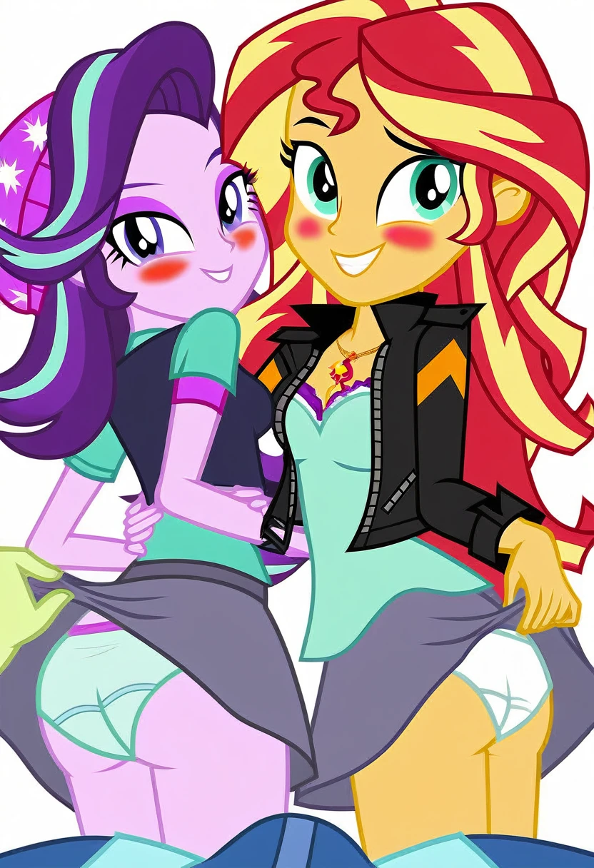 score_9, equestria girls, cartoon, male pov, two girls, solo, starlight glimmer, sunset shimmer, miniskirt, upskirt, ass, bra, open shirt, panties, miniskirt lift, male pov, bulge in male briefs, unzipping open fly, blushing, vector