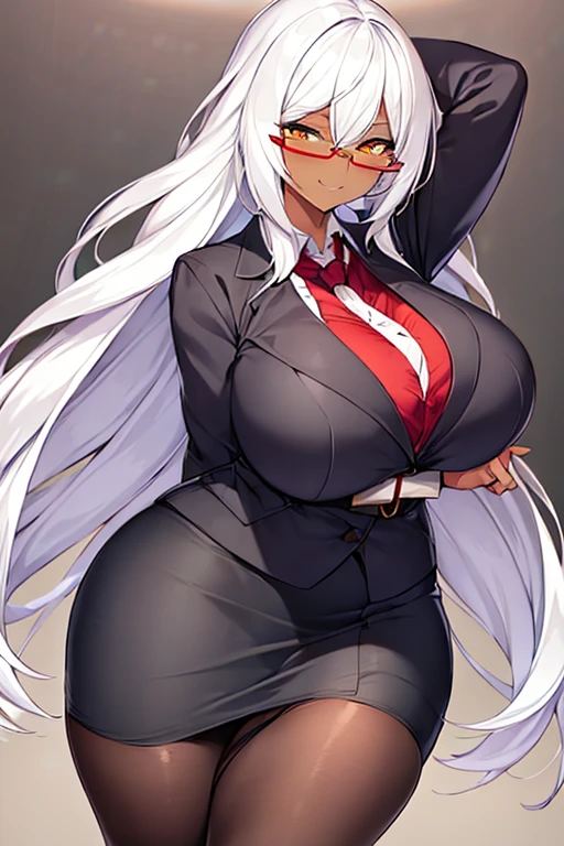 1girl, white hair, long hair, teacher, dark skin, dark-skinned female, white shirt, shirt, glasses, red glasses, yellow eyes, pencil skirt, skirt, mature female, pantyhose, black pantyhose, huge breasts, thick thighs, smile, smirk, smug