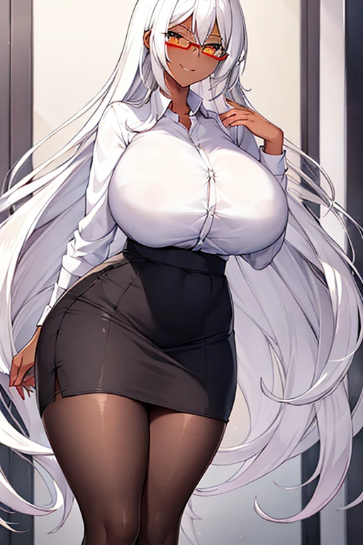 1girl, white hair, long hair, teacher, dark skin, dark-skinned female, white shirt, shirt, glasses, red glasses, yellow eyes, pencil skirt, skirt, mature female, pantyhose, black pantyhose, , thick thighs, smile, smirk, smug