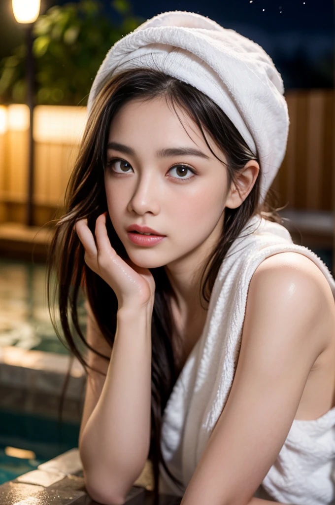 19 years old , white towel wrapped around head, nude, big round breast, soak in the hot spring, full body wet, (chin grab:1.3), (shy:1.3), (full-face blush:1.3), (soaking wet:1.3), (ear blush:1.3), (photorealistic:1.2), (ultra realistic:1.3), (very detailed:1.1), ((masterpiece)), depth of field, first person view, cowboy shot, open-air hot spring, (at night:1.3), nipple