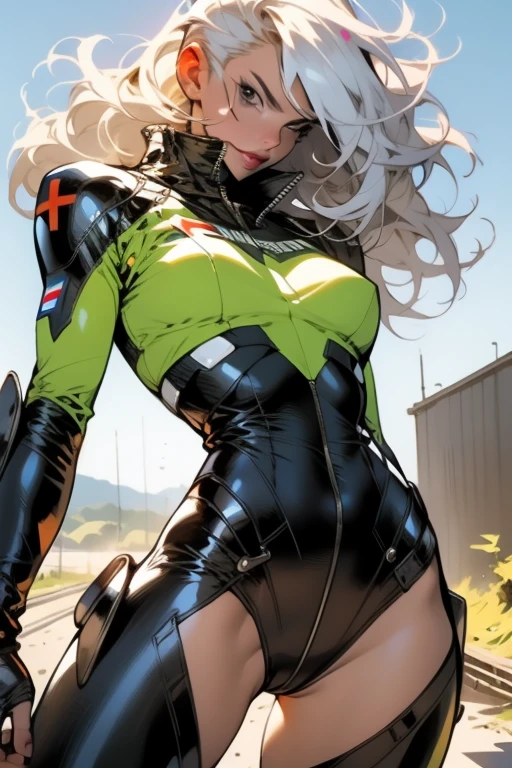 (((Simon Bisley)))), Mature woman 35 years gorgeous, giant robot pilot, wild with perfect body, bare thighs, slim thighs, white hair with bangs, wearing little clothes, tiny thong, hoarse with the colors of the flag of the Czech Republic, sensual pose, pose with attitude, add movements, large breasts, technological scenery
