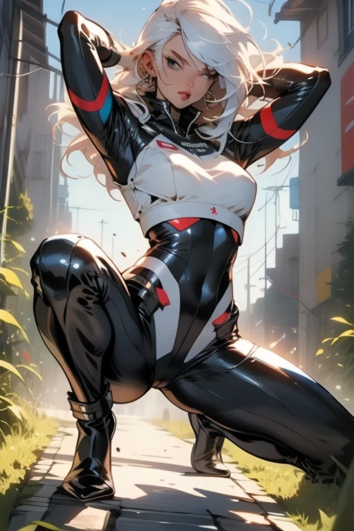 (((Simon Bisley)))), Mature woman 35 years gorgeous, giant robot pilot, wild with perfect body, bare thighs, slim thighs, white hair with bangs, wearing little clothes, tiny thong, hoarse with the colors of the flag of the Czech Republic, sensual pose, pose with attitude, add movements, large breasts, technological scenery
