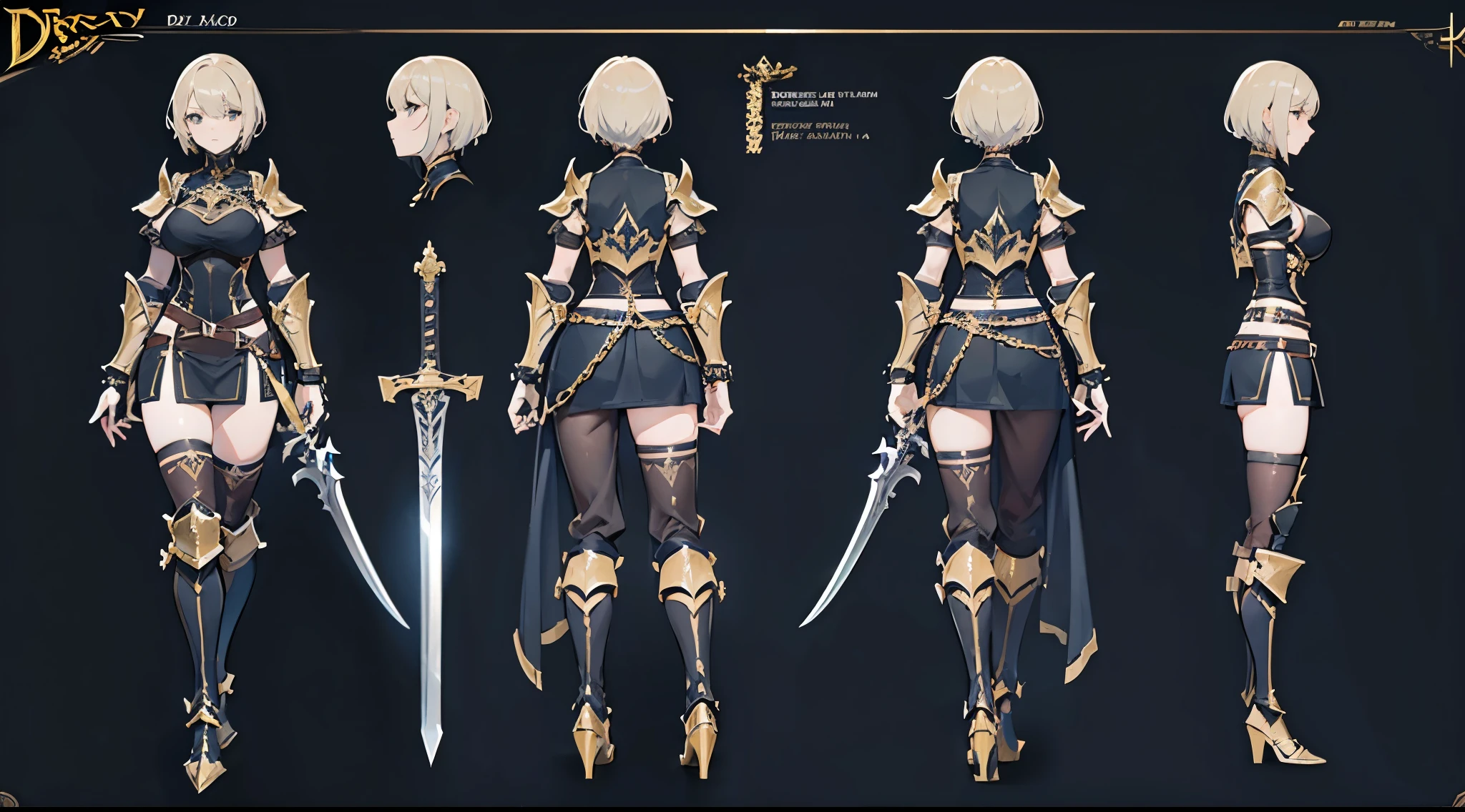 a sexy female character with short hair, wearing heavy black plate armor, holding a big sword, character sheet showing all angles, 8k resolution, high quality, character design sheet, character concept art, with chain accessories and golden chain