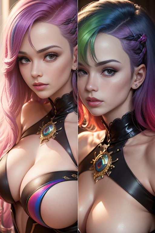 celebrity photo, brut, belle femme, ((portrait)), ((detailed face, colorful rainbow hair:1.2)), ((detailed facial feature, detailed skin, peau propre, parted lips), (corps parfaitement proportionné, seins moyens, side boobs), (revealing clothes), Armure d'épaule, bondage en dentelle et velour, Jupe en cuir, Brassards, armored waders, pointes: 1.5)), (high detailed garden environment, his side for us, side view, regarder le spectateur: 1.3), (Realistic photo, Best quality, detailed),