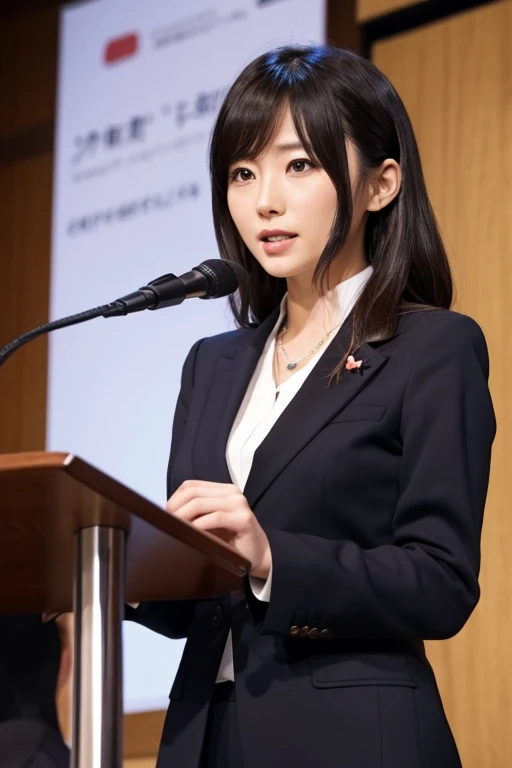 A beautiful Japanese woman in a suit gives a speech