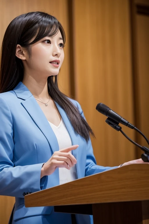A beautiful Japanese woman in a suit gives a speech