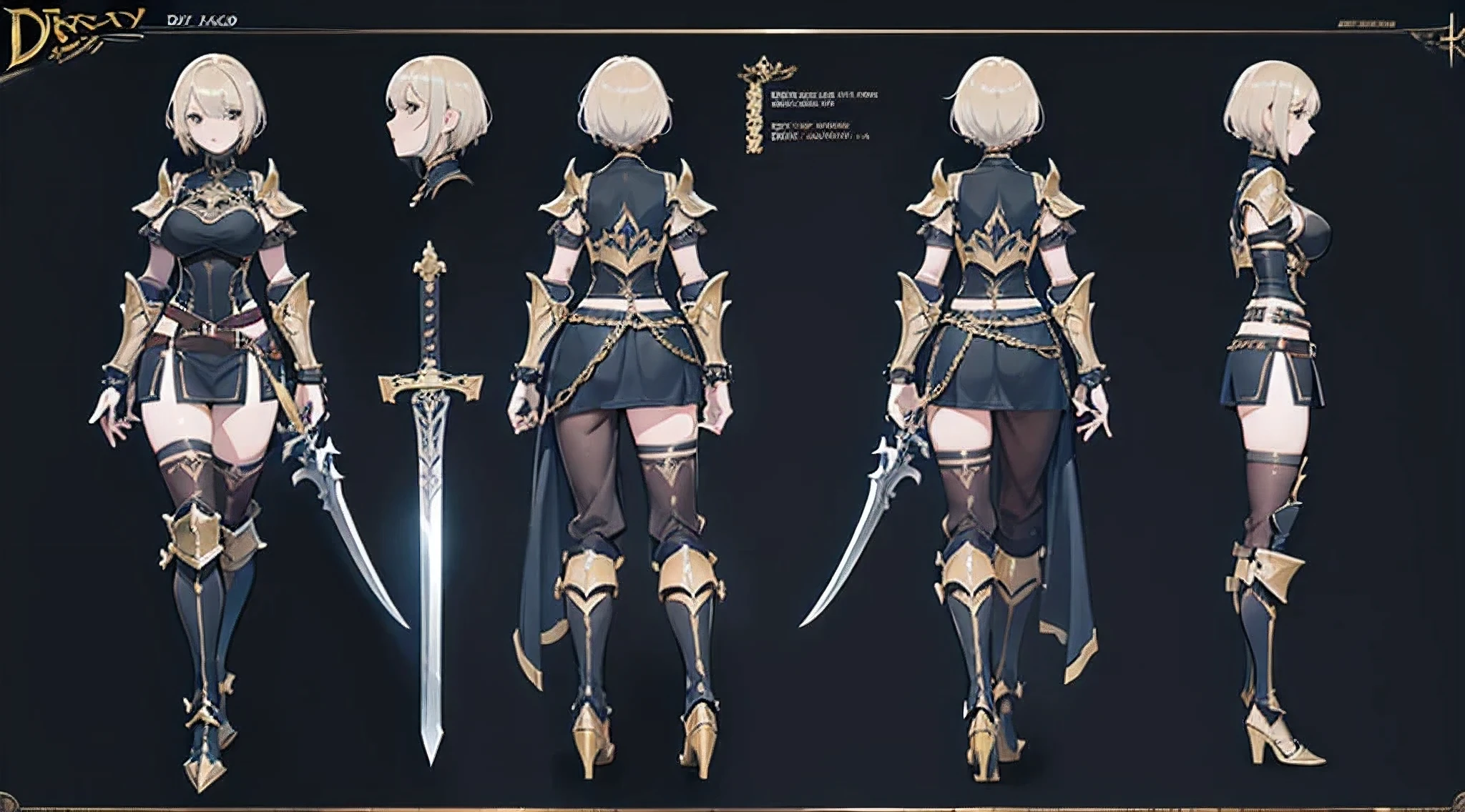a sexy female character with short hair, wearing heavy black plate armor, holding a big sword, character sheet showing all angles, 8k resolution, high quality, character design sheet, character concept art, with chain accessories and golden chain