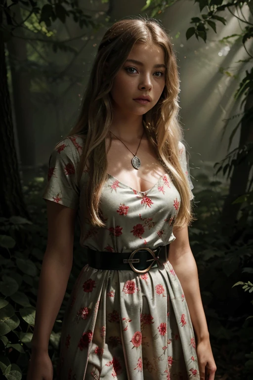 Sasha Pieterse, Alison DiLaurentis, Teen Wolf, 18 years old, long messy blonde hair, green eyes, long red dress, red and light gold belt, silver colored heart pendant, red rose flower print Forest background with fog around in black color.