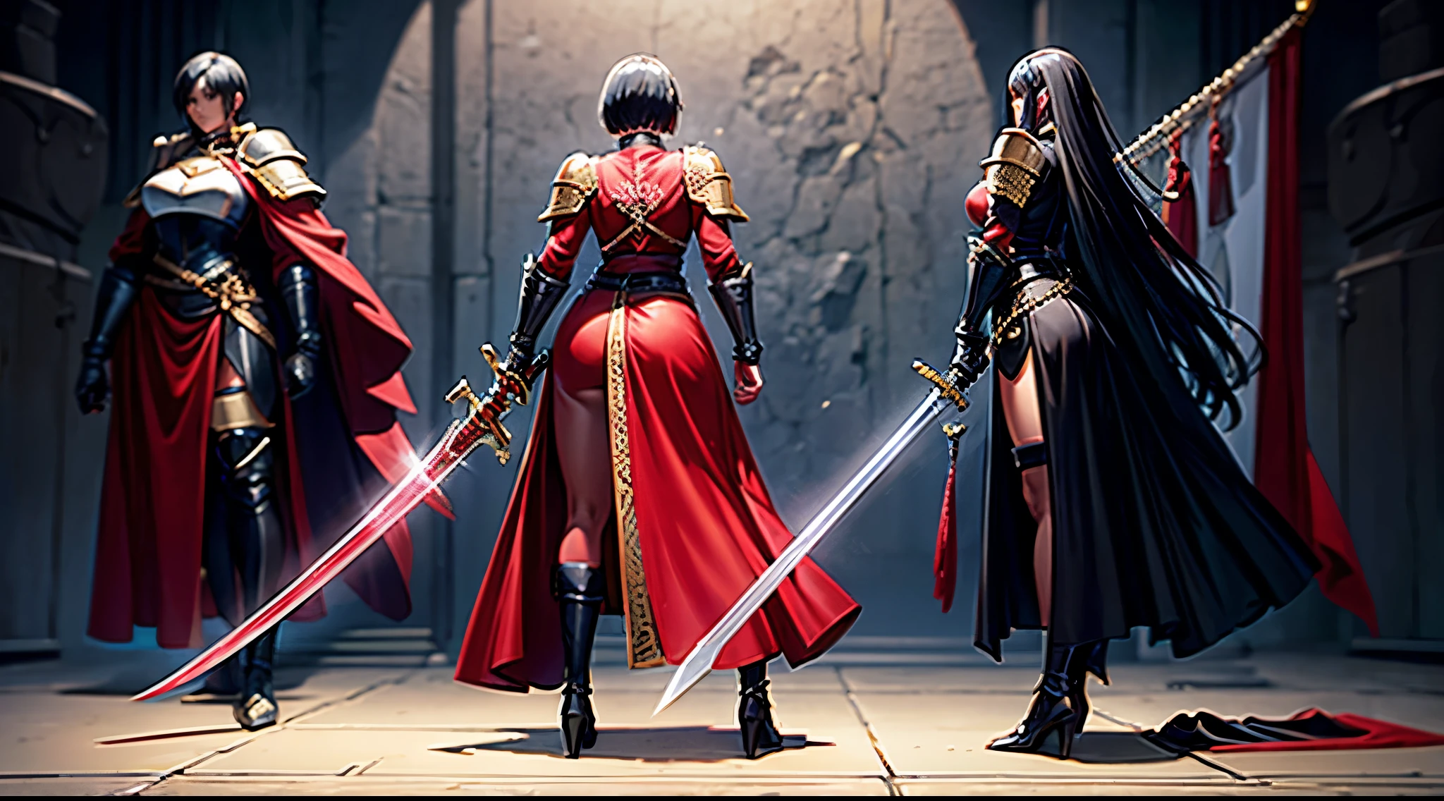 a woman with short black hair wearing heavy plate red armor, holding a big sword, full character sheet showing all angles, 8k resolution, hot, character design sheet, character concept art, chain accessories, golden chain