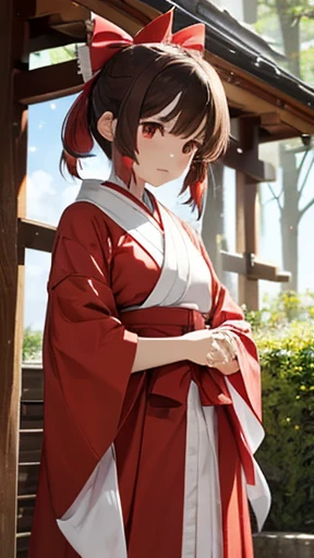 ((Artwork)),(((Best Quality))), (Highest Quality), (Artwork), 1080P, High Definition, 4k, 8K, Reimu Hakurei, Hakama red and white, , Medium Chest, Short Brown Hair､ Yellow Scarf, Priestess Outfit, Long Black Boots, Ear Hair, light novel cover style, shrine