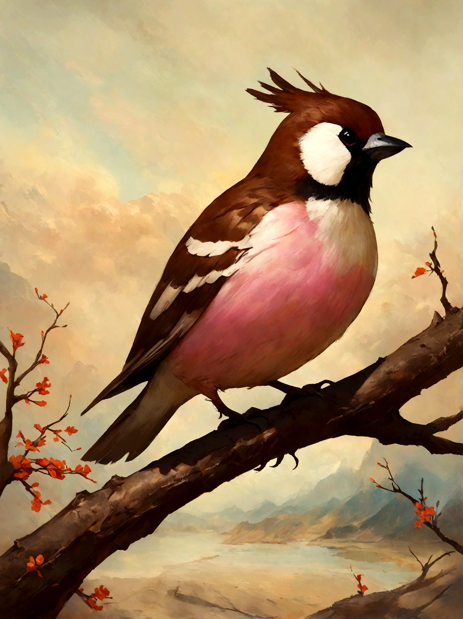 painting of a bird with a pink breast sitting on a branch, a pastel by David Park, Artstation, fine art, painted in acrylic, oil painted, oil painting!!!, acrylic, “ painting, acrylic painting, oil on board, covered in oil painting, beautiful!!!!!!!!!, acrylic and oil painting, very stylized, an oil paiting of a sparrow