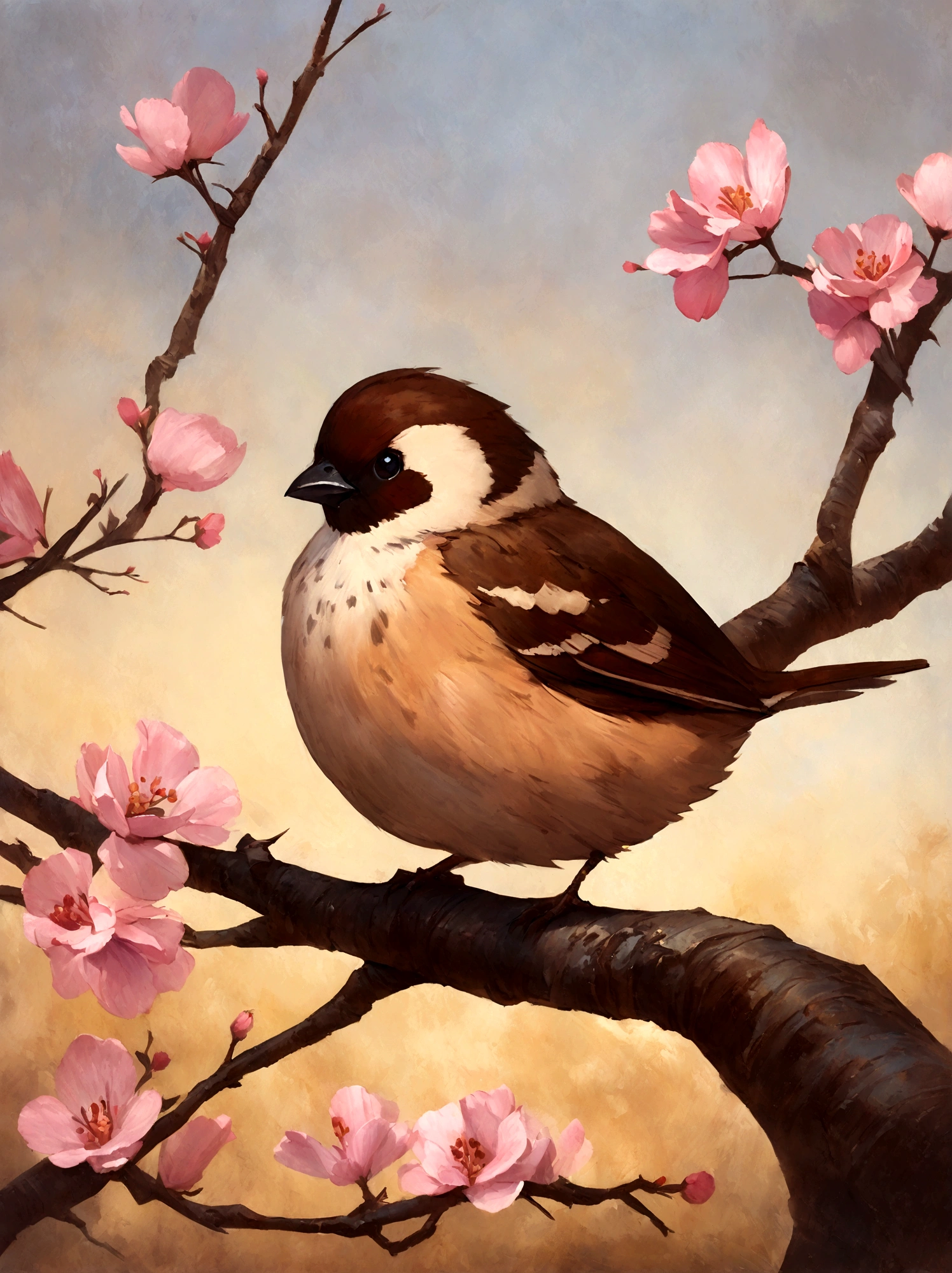 painting of a bird with a pink breast sitting on a branch, a pastel by David Park, Artstation, fine art, painted in acrylic, oil painted, oil painting!!!, acrylic, “ painting, acrylic painting, oil on board, covered in oil painting, beautiful!!!!!!!!!, acrylic and oil painting, very stylized, an oil paiting of a sparrow