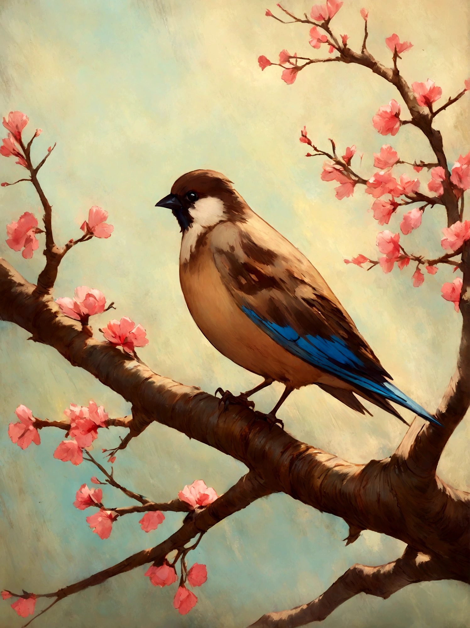 painting of a bird with a pink breast sitting on a branch, a pastel by David Park, Artstation, fine art, painted in acrylic, oil painted, oil painting!!!, acrylic, “ painting, acrylic painting, oil on board, covered in oil painting, beautiful!!!!!!!!!, acrylic and oil painting, very stylized, an oil paiting of a sparrow