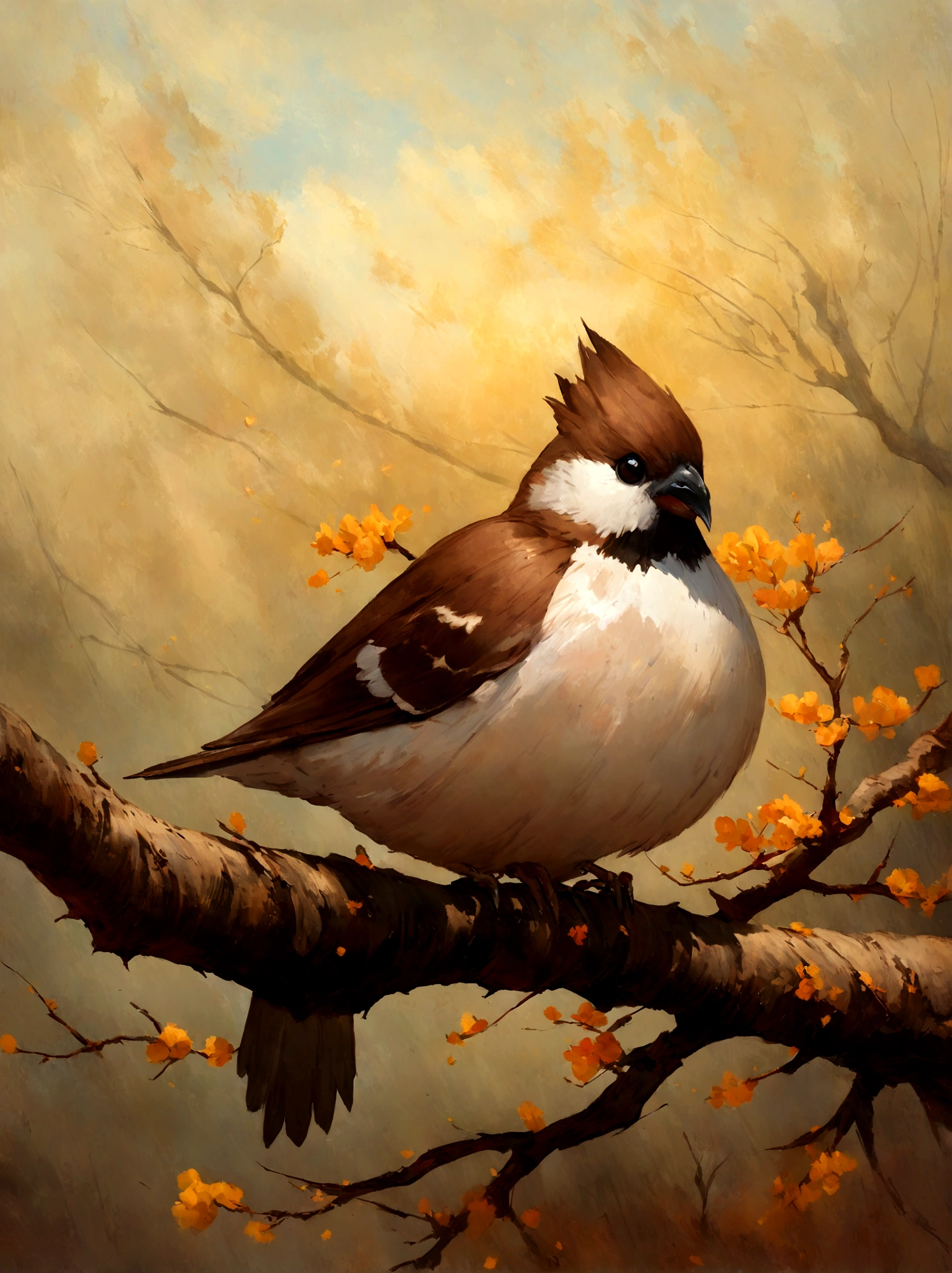painting of a bird with a pink breast sitting on a branch, a pastel by David Park, Artstation, fine art, painted in acrylic, oil painted, oil painting!!!, acrylic, “ painting, acrylic painting, oil on board, covered in oil painting, beautiful!!!!!!!!!, acrylic and oil painting, very stylized, an oil paiting of a sparrow