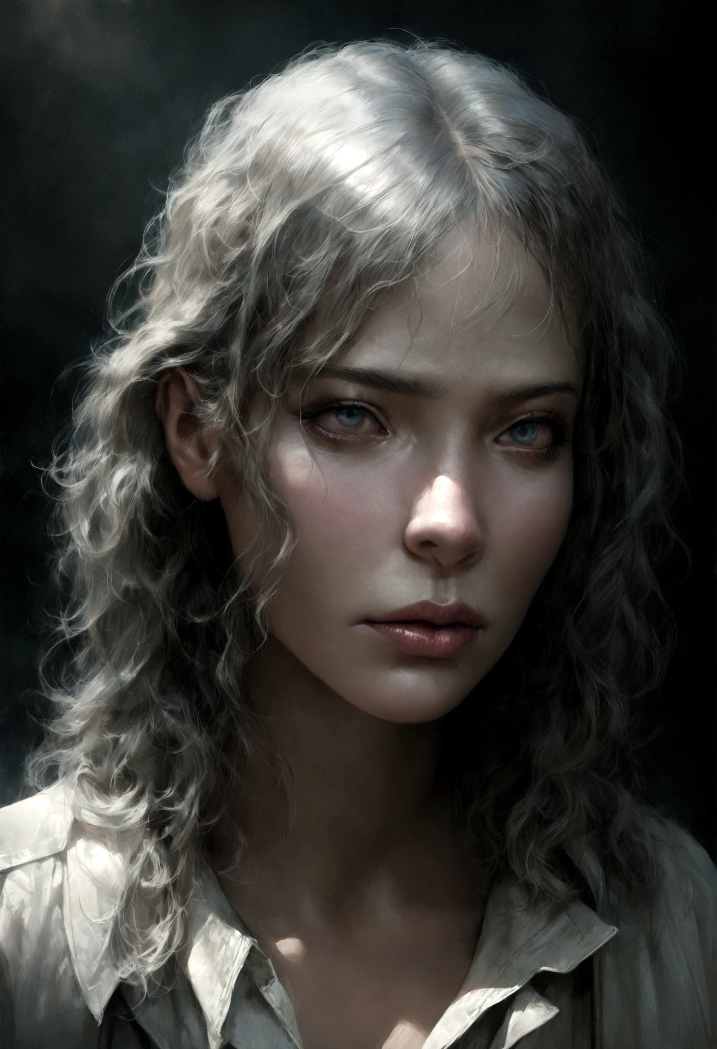 a poor, insane woman, beautiful detailed eyes, beautiful detailed lips, extremely detailed eyes and face, longeyelashes, ragged clothes, distressed expression, dark shadows, moody lighting, gritty realism, cinematic, dramatic, chiaroscuro lighting, muted color palette, atmospheric, unsettling, disturbing, psychological horror, (best quality,4k,8k,highres,masterpiece:1.2),ultra-detailed,(realistic,photorealistic,photo-realistic:1.37)