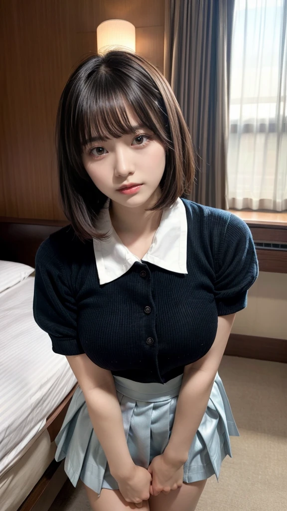 masterpiece, best quality, illustration, Super detailed, fine details, High resolution, 8K,wall paper, perfect dynamic composition,(Details High quality, realistic depiction of eyes:1.3), standing, (collared shirt:1.1), pleated skirt, short bob hair、black hair color, Big Natural Color Lip, bold sexy pose, crying a little、cold gaze, Harajuku style、acrobatic pose, 20 year old girl、cute type、ta、beautiful legs, hotel room, gravure idol, Voluptuous thighs, huge breasts, Don't expose it