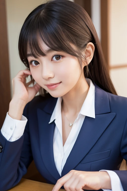 A cute Japanese woman in a navy blue suit