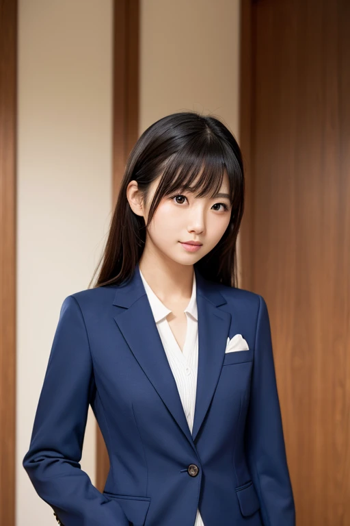 A cute Japanese woman in a navy blue suit