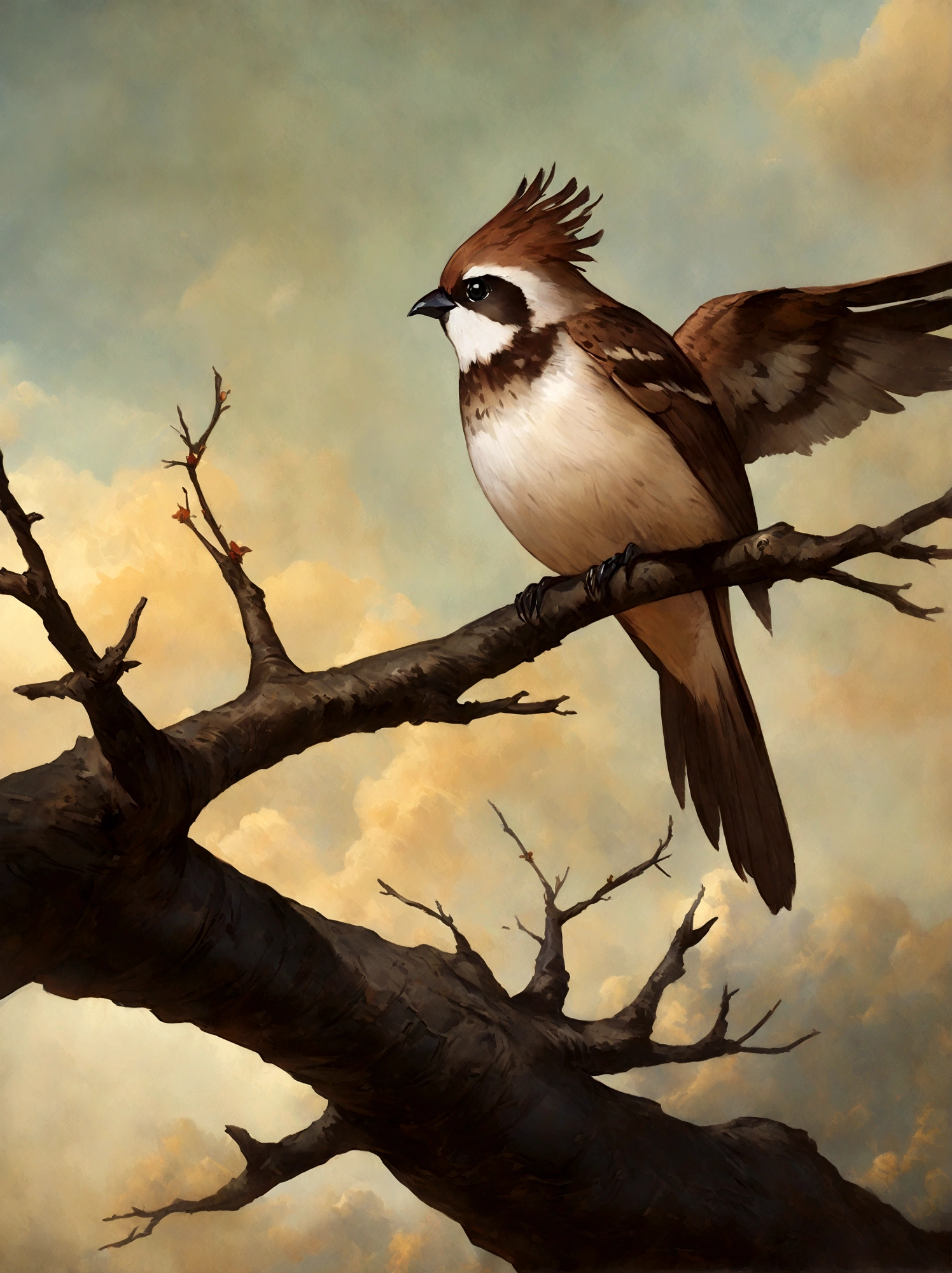 painting of a bird with a pink breast sitting on a branch, a pastel by David Park, Artstation, fine art, painted in acrylic, oil painted, oil painting!!!, acrylic, “ painting, acrylic painting, oil on board, covered in oil painting, beautiful!!!!!!!!!, acrylic and oil painting, very stylized, an oil paiting of a sparrow