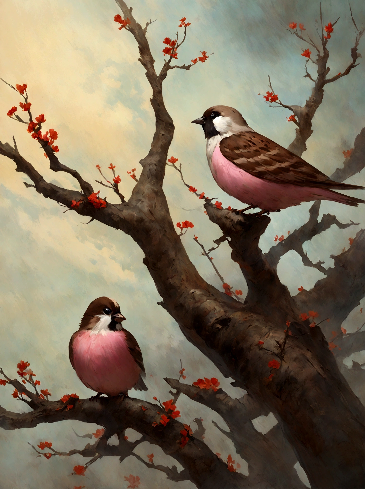 painting of a bird with a pink breast sitting on a branch, a pastel by David Park, Artstation, fine art, painted in acrylic, oil painted, oil painting!!!, acrylic, “ painting, acrylic painting, oil on board, covered in oil painting, beautiful!!!!!!!!!, acrylic and oil painting, very stylized, an oil paiting of a sparrow