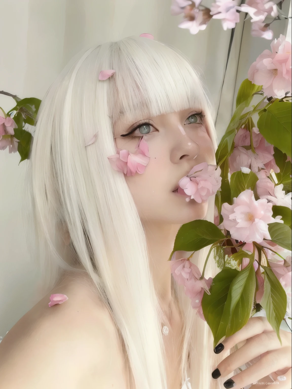 Mujer rubia con pelo blanco y flores rosadas en la boca., peinado de corte hime blanco, pelo largo y blanco y flequillo, flequillo blanco, con el pelo largo y blanco, bella delfina, cabello con flequillo blanco, chica con pelo blanco, shikamimi, con pelo largo y blanco, kawaii aesthetic, sakura petals around, hermoso cabello blanco, cara bonita de pelo blanco