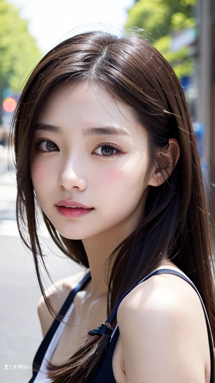 With the alleys of Harajuku in the background、18-year-old girl、independent、look forward to、Light eye makeup、Brown Hair Color、flat 、Hair blowing in the wind、Quality of actress、Shiny, Ultra-realistic face、smileの表情、Watery eye、look up、Pleasant lighting effects、 Ultra-Realistic Capture、Very detailed、High resolution 16K human skin closeup。Skin texture must be natural、Must be so detailed that pores are visible、skin is healthy、There must be a unified tone、Use natural light and color、High quality photos taken by modeling agencies'Exclusive photographer、smile