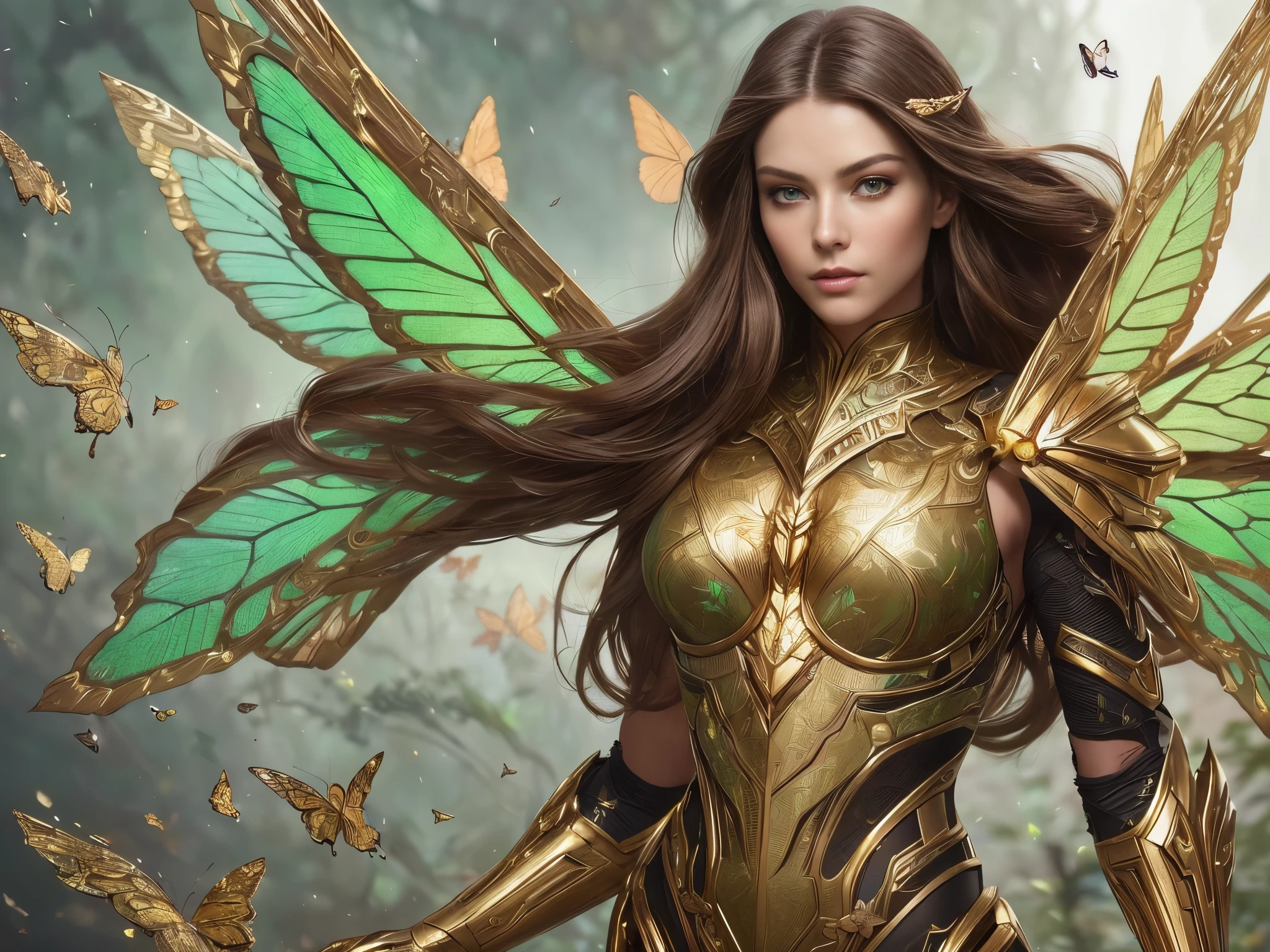 ((Full body of stunning beauty woman)),8k portrait of beautiful cyborg with brown hair, sharp green eyes, intricate, elegant, highly detailed, majestic, digital photography, art by artgerm and ruan jia and greg rutkowski surreal painting gold butterfly filigree,, fairy wings, broken glass, (masterpiece, sidelighting, finely detailed beautiful eyes: 1.2),