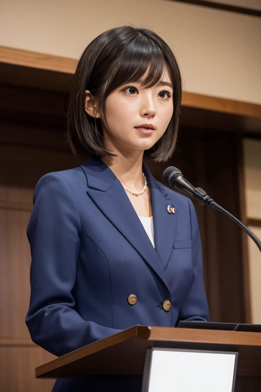 A very cute Japanese woman in a navy blue suit is giving a speech