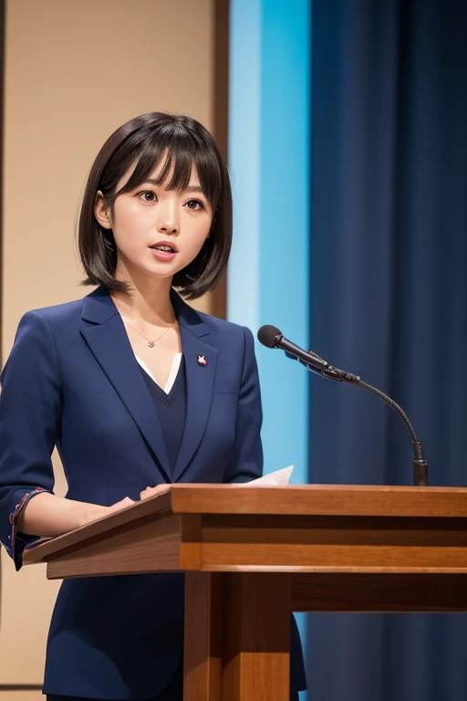 A very cute Japanese woman in a navy blue suit is giving a speech