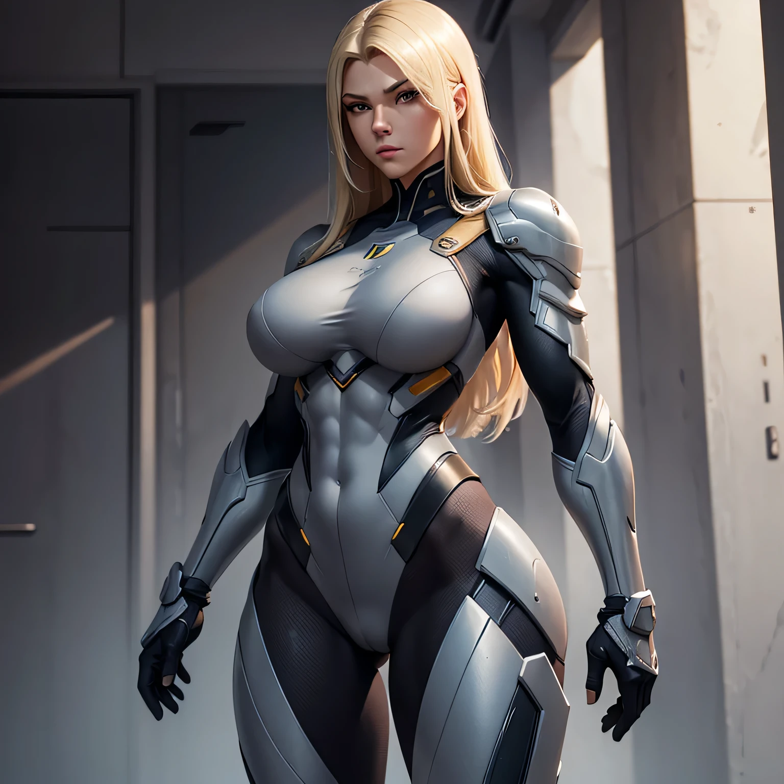 masterpiece, best quality, agrias, a woman, solo, wearing a gray widow suit, standing,  blonde  hair, high leg, straight hair ,  muscular , detailed face, muscular detailed face, age 22, , big breast