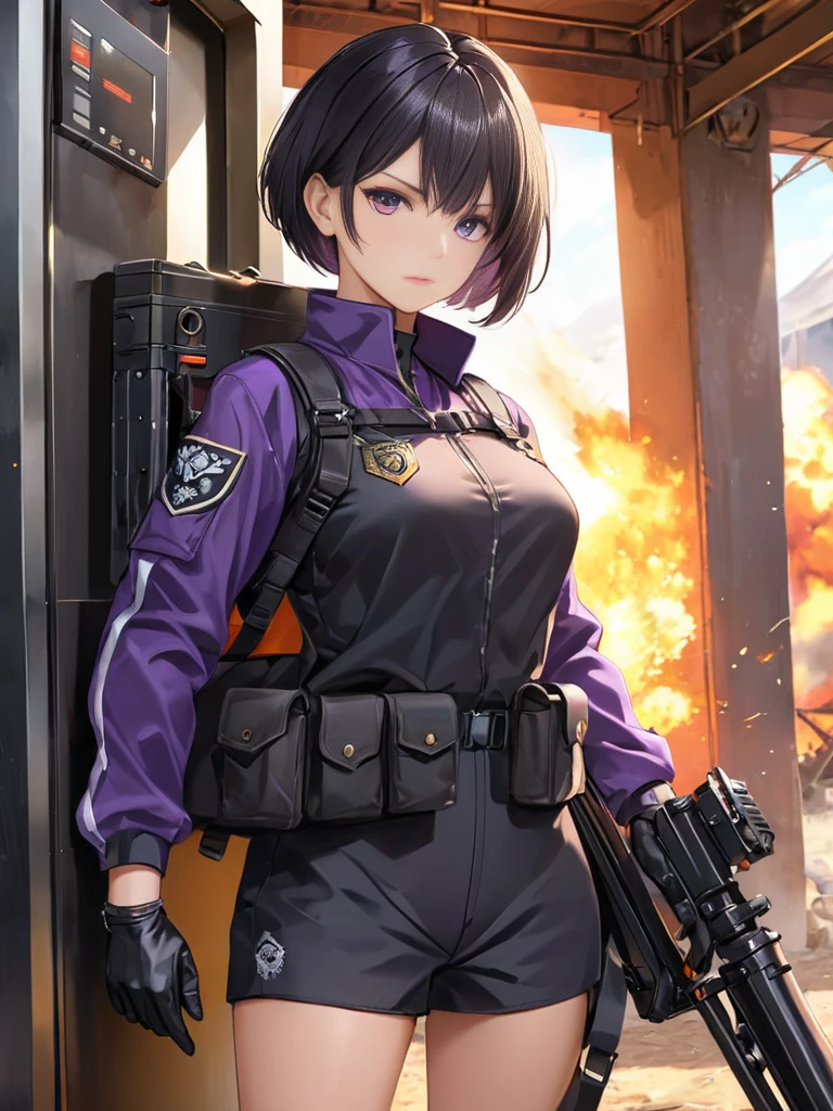 Tomboy mature and smart girls, short black hair, beautiful purple eyes, serious expression, wearing black full gear military cloth, standing in the military camp, bring X15 Flamethrower, wearing military black gloves, perfect hand, perfect eyes, perfect hair, detail hair, perfect anatomy body, detailed cloth, detailed environment, real X15 Flamethrower weapons, real elevator.