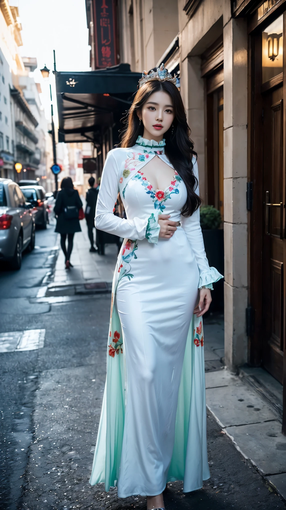 ((girl on street road, luxurious city, luxurious place,),
(((Full body shot))), (Indian babe), (wide standing position), (looking at viewers, front view shots, wide angle view), (masterpiece, hyper_realistic, hyper_detailed, photorealists, photo_realism), 1girl, 20 years old lady, 16k, FHD, UHD, high quality pictures, extremely detailed, candid brightness, candid shots, (iconic picture shot, perfect brightness, perfect contrast, perfect colour), (pretty face, iconic face), (detailed face, detailed eye, detailed lips, detailed neck, ultra realistic face, ultra realistic eye, ultra realistic lips), (attractive hair style, hair style), (sagging perky breasts, perfect rounded breasts, attractive breasts, perfect breasts shape), (attractive body figure, perfect body figure, perfect figure, curvy_figure, hourglass_figure), (embroidery High heels, fancy high heels, iconic heels),
(((A-line shape maxi), (embroidery A-line maxi), (ruffled red maxi), flared maxi, long skinny sleeves, fancy ruffled neck)), ((a beautiful fantasy empress).inspired by Sim Sa-jeong,Azure. , ,