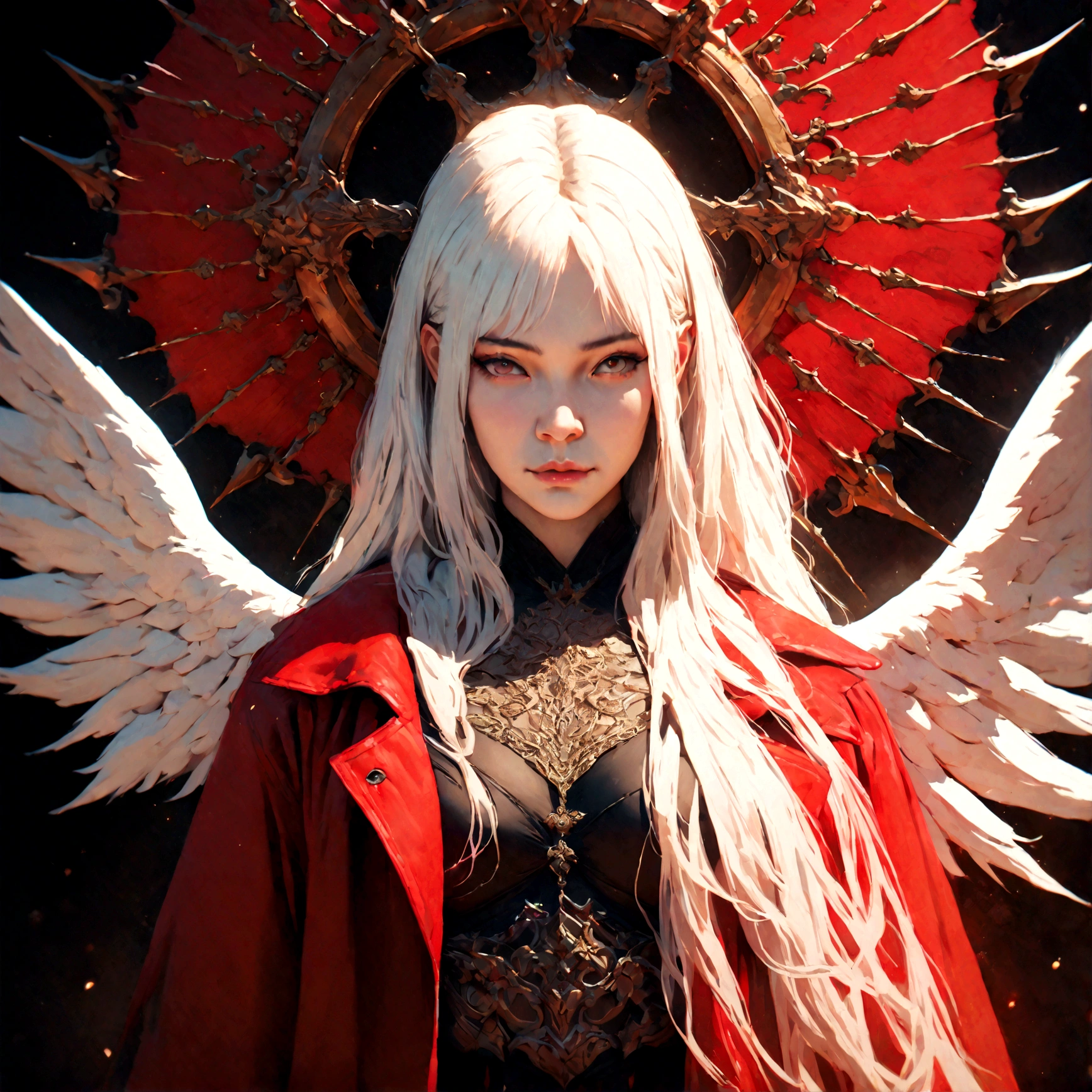 A beautiful detailed white-haired fox woman wearing a red trenchcoat, black bustier, and black skirt, with a katana on her back and angel wings, hyper-realistic, 8k, cinematic lighting, dramatic atmosphere, rich colors, intricate details, masterpiece