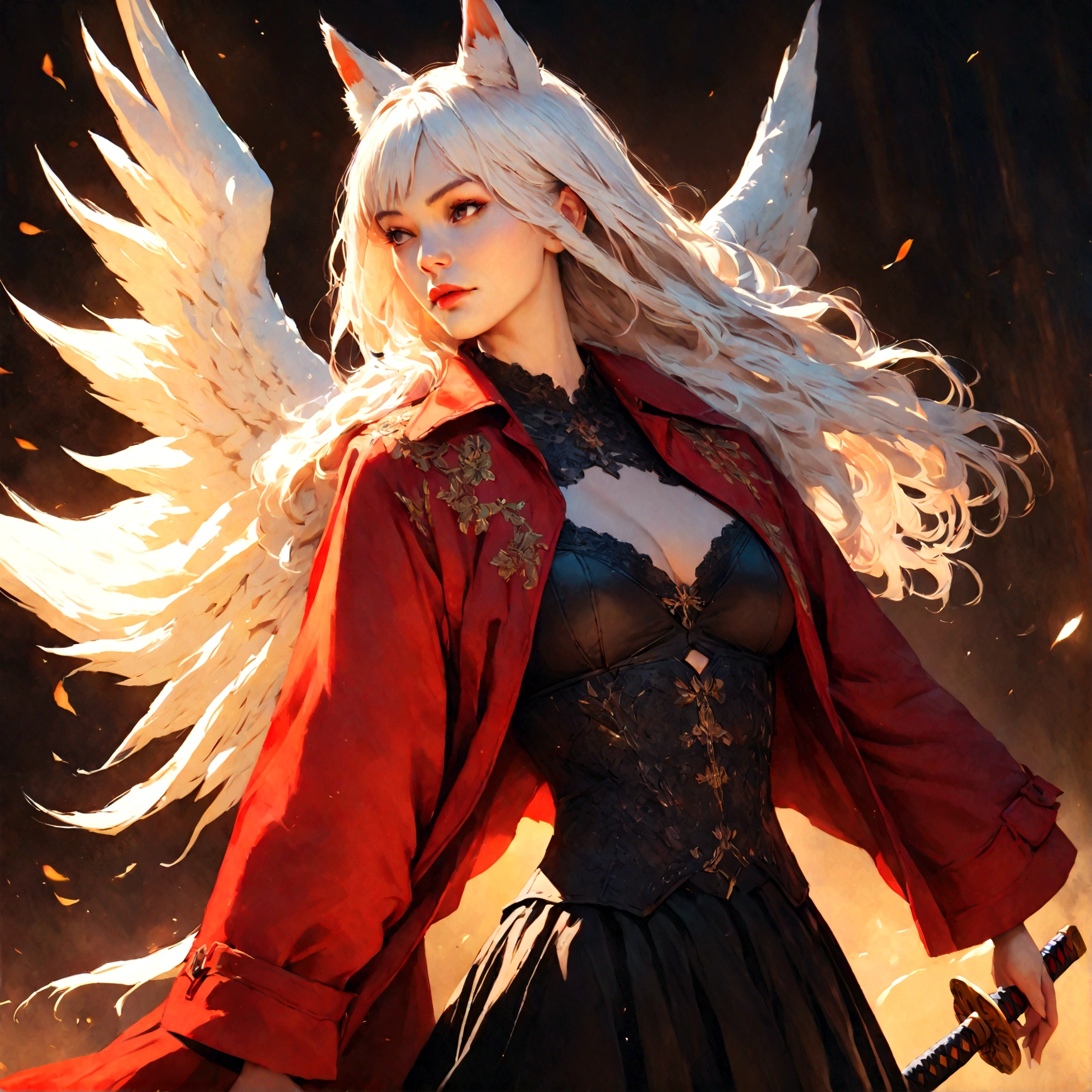 A beautiful detailed white-haired fox woman wearing a red trenchcoat, black bustier, and black skirt, with a katana on her back and angel wings, hyper-realistic, 8k, cinematic lighting, dramatic atmosphere, rich colors, intricate details, masterpiece