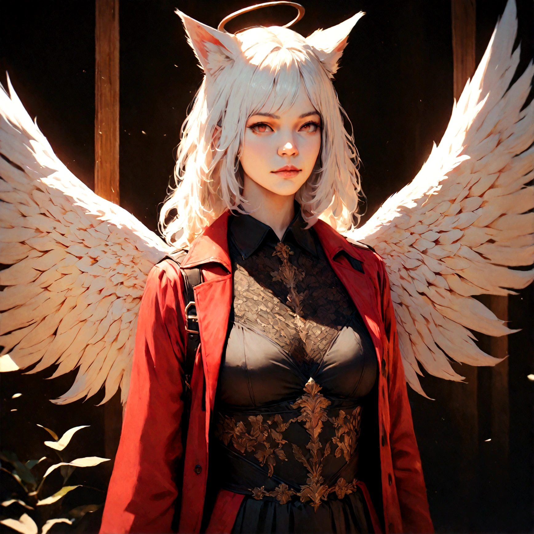 A beautiful detailed white-haired fox woman wearing a red trenchcoat, black bustier, and black skirt, with a katana on her back and angel wings, hyper-realistic, 8k, cinematic lighting, dramatic atmosphere, rich colors, intricate details, masterpiece
