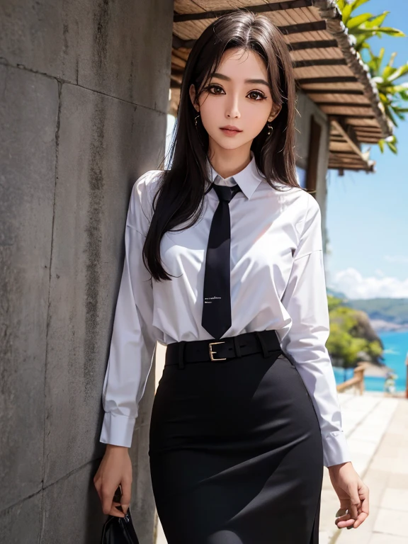 Fotorrealista, high resolution, luzes suaves, 1 mulheres, Sozinho, Quadris para cima, olhos azuis, cabelo branco, cabelo longo, Close your lips, camisa de colarinho, gravata preta,Saia preta, pencil skirt, casaco de pele, meias