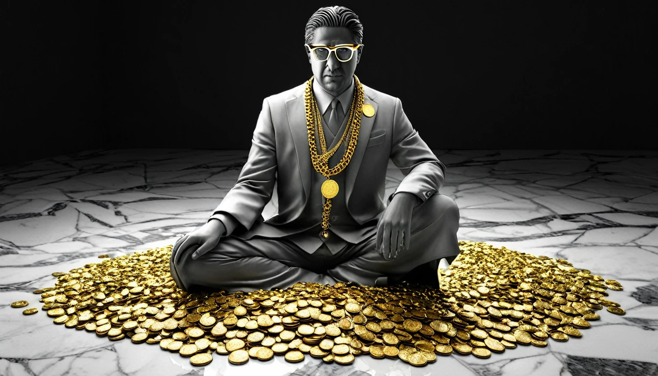 I want a sculpture of stoic philosophers  como Produtor Laptop fl Studio  with a black and white background. The picture should focus on the philosphers holding money or in a meeting and showing wealth. It should be a full-body sculpture with walls or buildings in the back ground. Hyper realistic wearing the gold chain glasses several gold coin scattered on the floor Best for creating fairy horse style and sharp lines.
