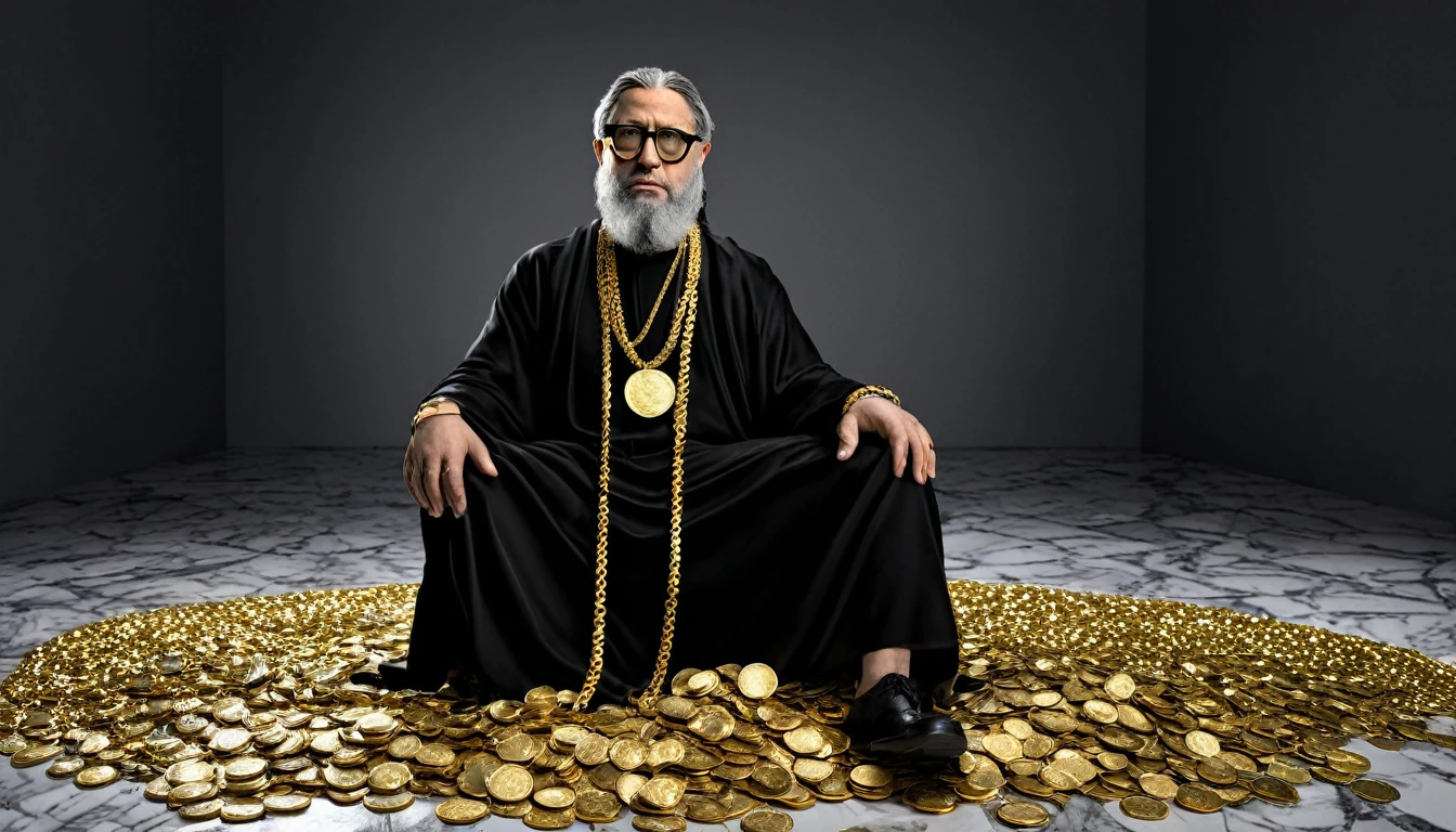 I want a sculpture of stoic philosophers como Produtor Laptop fl Studio with a black and white background. The picture should focus on the philosphers holding money or in a meeting and showing wealth. It should be a full-body sculpture with walls or buildings in the back ground. Hyper realistic wearing the gold chain glasses several gold coin scattered on the floor Best for creating fairy horse style and sharp lines.