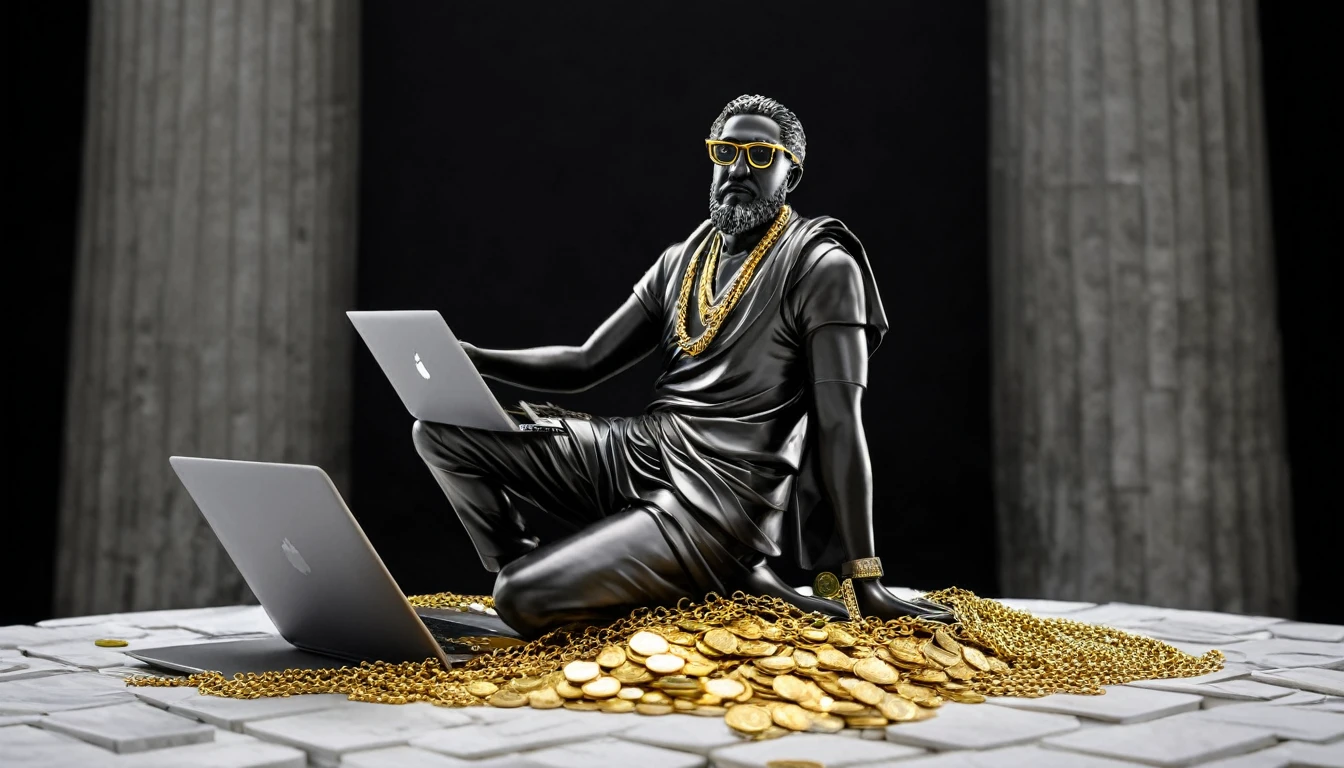 I want a sculpture of stoic philosophers como Produtor Laptop fl Studio with a black and white background. The picture should focus on the philosphers holding money or in a meeting and showing wealth. It should be a full-body sculpture with walls or buildings in the back ground. Hyper realistic wearing the gold chain glasses several gold coin scattered on the floor Best for creating fairy horse style and sharp lines.