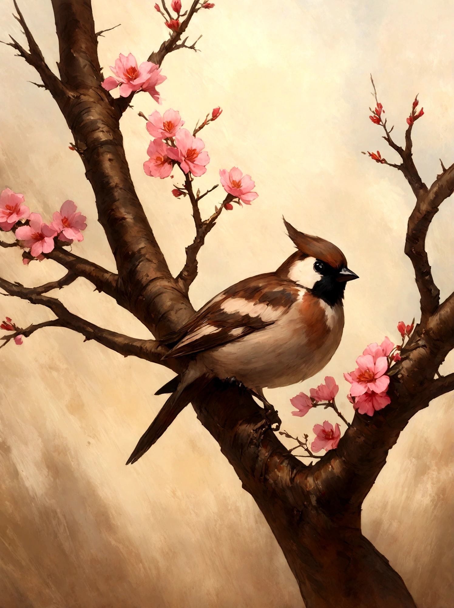 painting of a bird with a pink breast sitting on a branch, a pastel by David Park, Artstation, fine art, painted in acrylic, oil painted, oil painting!!!, acrylic, “ painting, acrylic painting, oil on board, covered in oil painting, beautiful!!!!!!!!!, acrylic and oil painting, very stylized, an oil paiting of a sparrow