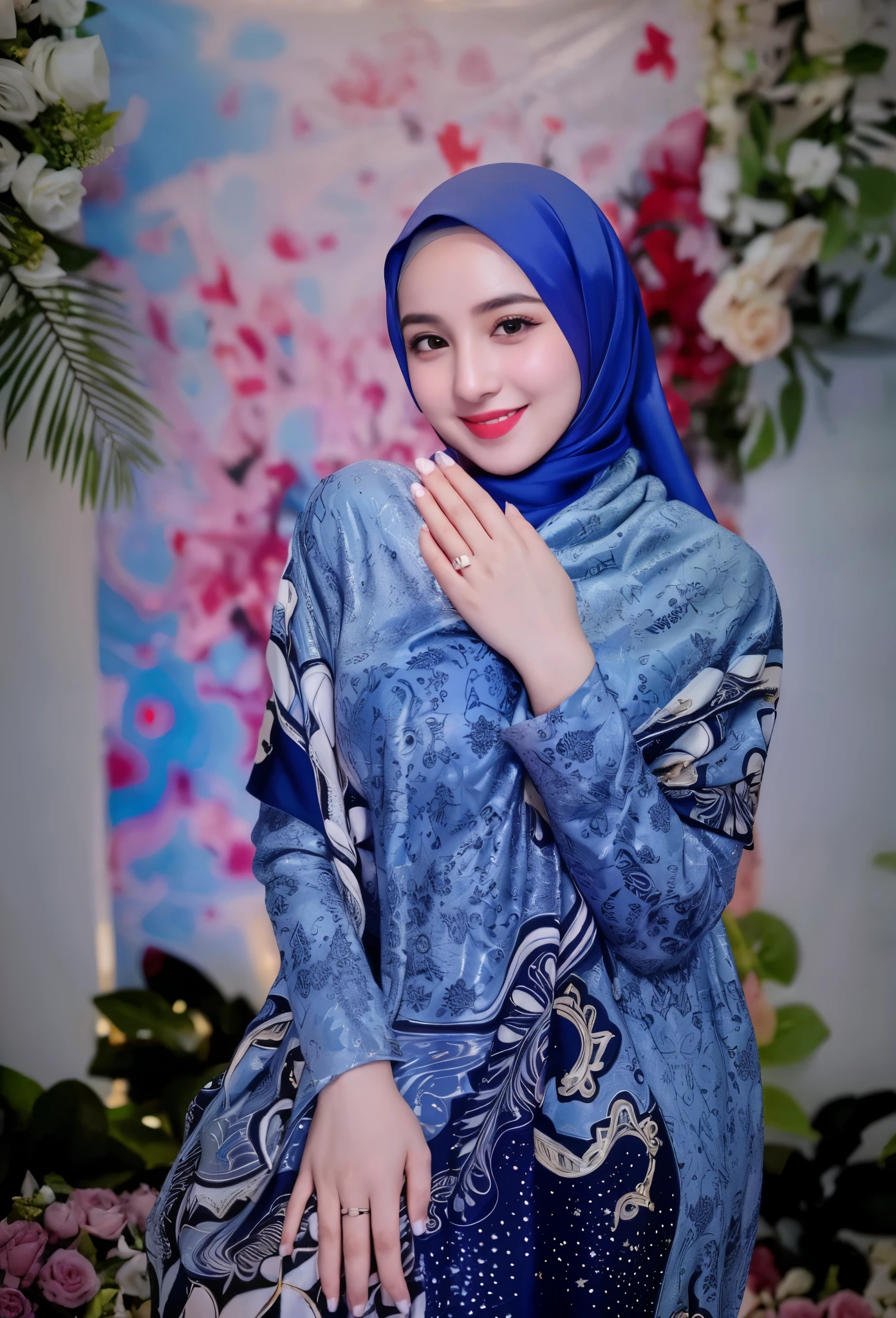 RAW photo of a 24 year old girl wearing hijab,((smile)), satin abaya sexy sea foam , satin, hijab face portrait,((tp background)), 8k uhd, dslr, soft lighting, high quality, film grain, Fujifilm XT3, covered dress, patterned dress, gigantic breasts:1.5 , ((HD))
