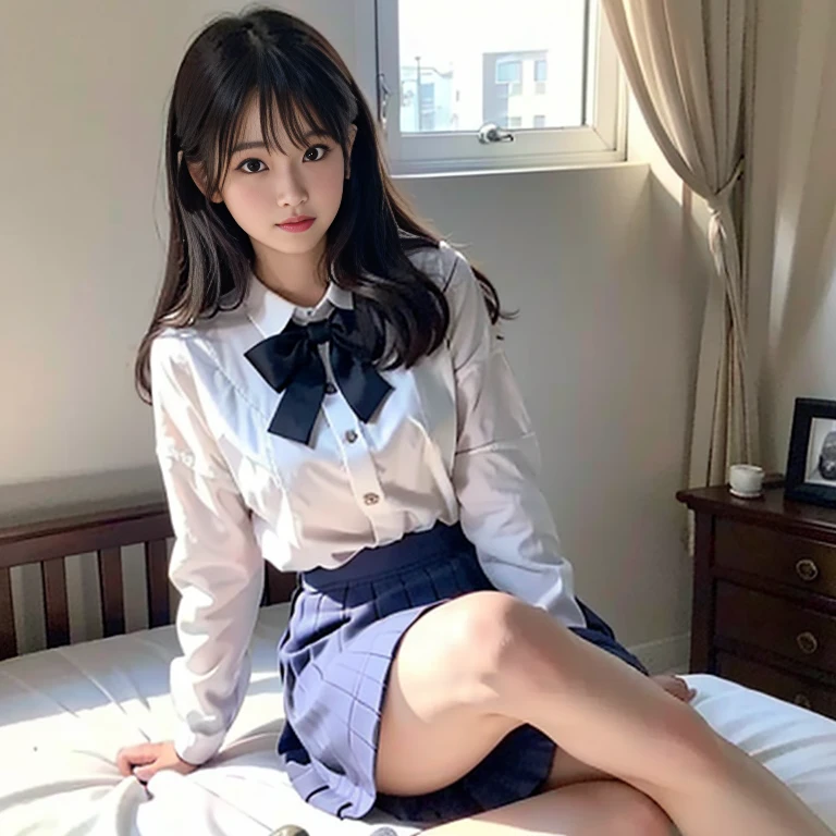 1girl, young japanese woman, 18 years old, sitting on bed in dimly lit room, light grin on face, shy but optimistic, pale smooth complexion, fine detailed eyes, detailed face with dark brown eyes, long smooth legs, large round chest, white translucent blouse with bow tie, navy blue skirt, white ankle socks, no panties, slightly worn clothes, realistic lighting with bright highlights, backlight, face lights, cinematic, high-quality, photorealistic