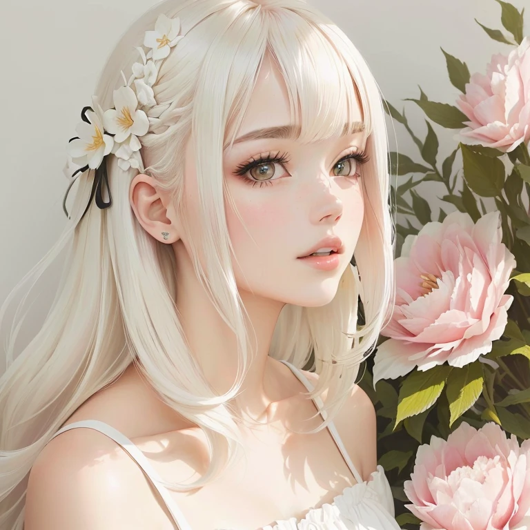 Mujer rubia con pelo blanco y flores rosadas en la boca., peinado de corte hime blanco, pelo largo y blanco y flequillo, flequillo blanco, con el pelo largo y blanco, bella delfina, cabello con flequillo blanco, chica con pelo blanco, shikamimi, con pelo largo y blanco, kawaii aesthetic, sakura petals around, hermoso cabello blanco, cara bonita de pelo blanco