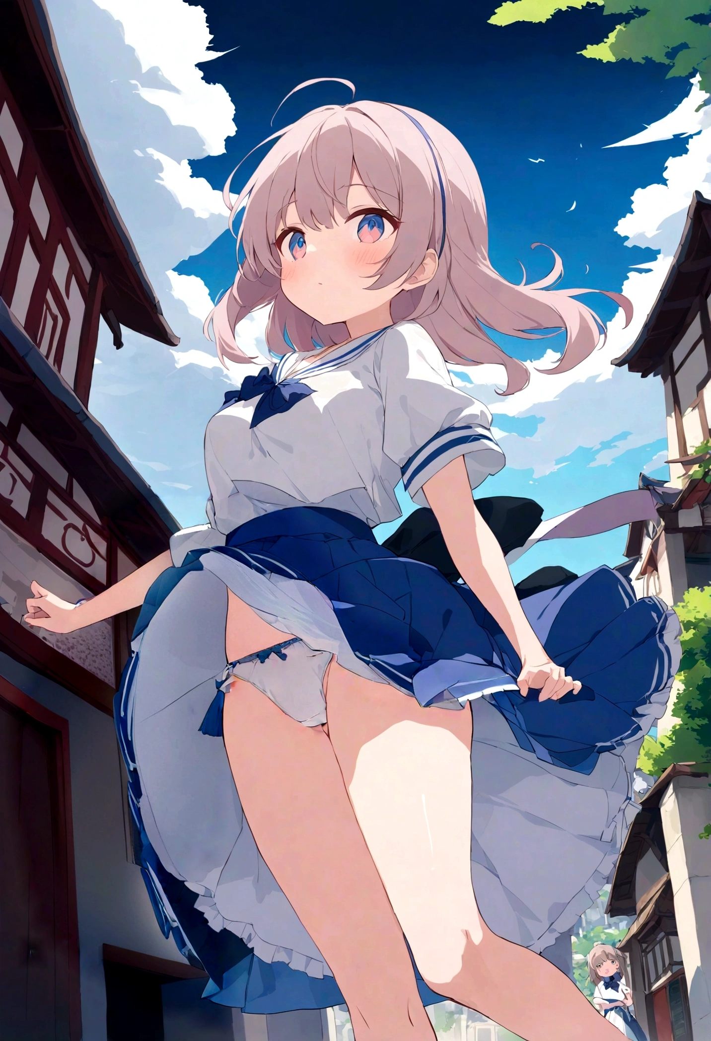 A strong wind exposes her white cotton panties、A strong wind exposes her white cotton panties、Kyoko Otonashi　Maison Ikkoku Low Angle、Long skirt、強風でHolding the flipping skirt with your hand、A strong wind exposes her white cotton panties、:((Holding the flipping skirt with your hand))
