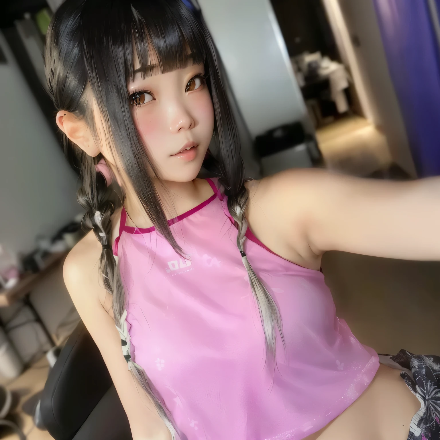 arafed asian girl with long hair and a pink top, twintails hairstyle, chiho, pink twintail hair and cyan eyes, belle delphine, with black pigtails, shikamimi, twintails, pigtails hairstyle, Yoshitomo Nara, shiori teshirogi, with bangs, lalisa manobal