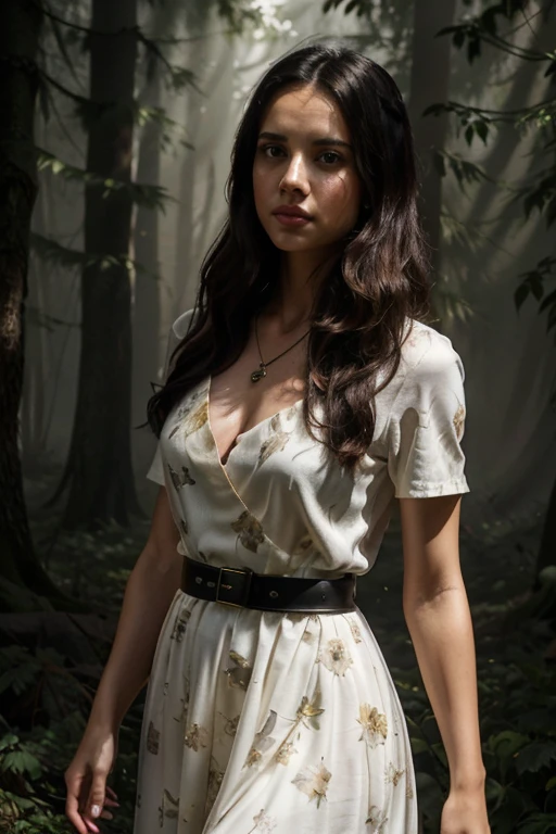 Torrey DeVitto, Meredith Fell, Teen Wolf, 20s, long messy black hair, brown eyes, long white dress, black and light gold belt, silver heart pendant, white rose flower print Forest background with fog around in color black.